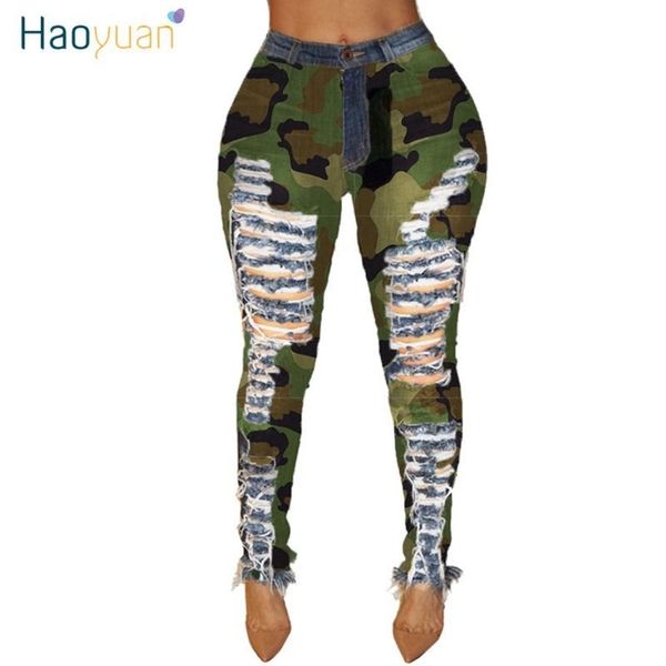 

haoyuan exy camouflage plus size hole denim pants women autumn skinny trousers high waist stretch bodycon pants y200418, Black;white