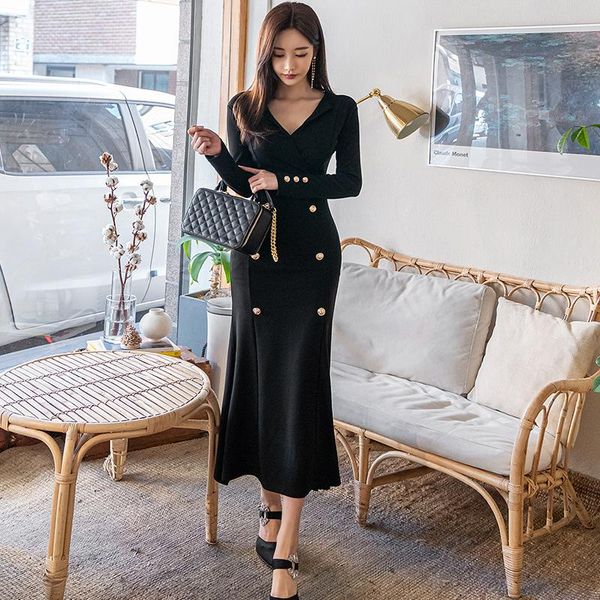 

casual dresses korean style fashion autumn winter dress for women v-neck double button midi ruffle sheer wrap elegant plus size, Black;gray