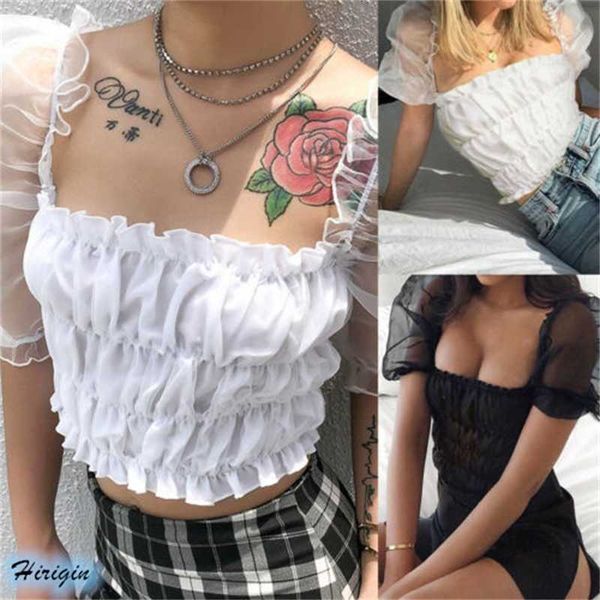 

2019 new women's summer sheer lace sleeve vintage crop square collar backless short t-shirts, White