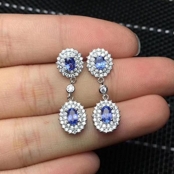 

stud 100% natural and real tanzanite earring 925 sterling silver fine jewelry female anniversary, Golden;silver