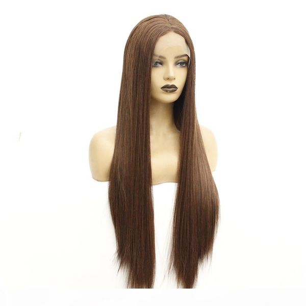 

glueless long silky straight hair synthetic lace front wigs for women heat resistant brown wigs with natural hairline, Black