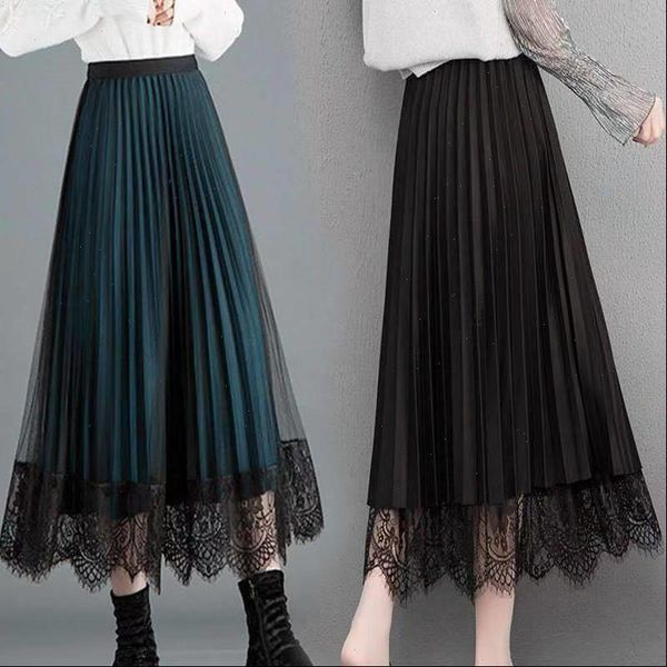 

new summer lace tulle velvet skirt women fashion 2021 spring elegant long skirt black female high waist pleated maxi skirt p380