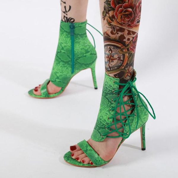 

snakeskin pattern sandals women high heels peep toe lace up cross-tie ankle boots women summer party shoes sandalias mujer, Black