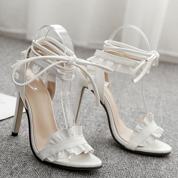 

sandals large ladies cross lace summer shoes ankle strap ruffled, Black