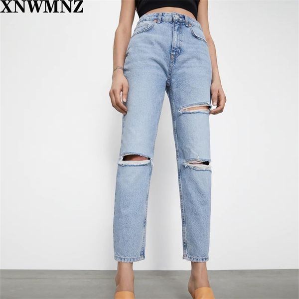 ZA donna Mom jeans strappati Jeans sbiaditi a vita alta design a cinque tasche dettagli strappati sul davanti patta con zip chiusura con bottone in metallo 201029