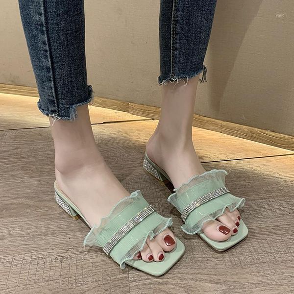 

slippers 4 cm crystal heel open toe women ruffles slides summer multicolor chunky sandals sweet beach slides1, Black