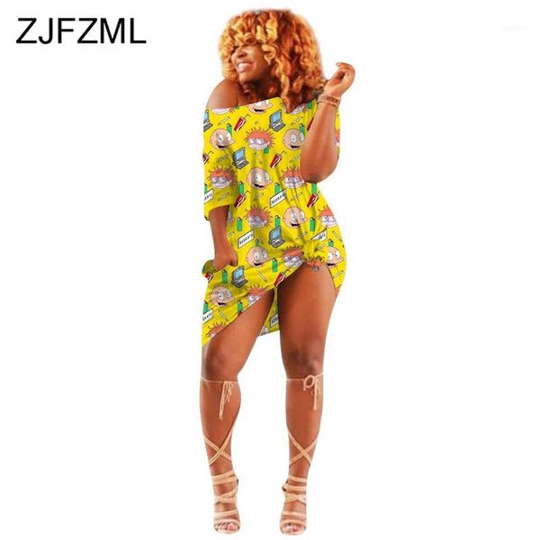 

one shoulder casual plus size short dress 2020 women cartoon character print t shirt dress hip hop high waist short sleeve1, Black;gray