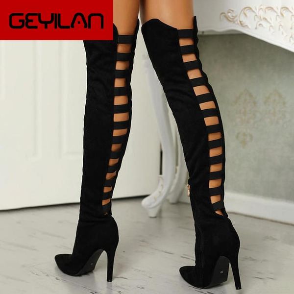 

women shoes high heels black over the knee boots hollow out ladies thigh high boots pointed toe stiletto long 2020