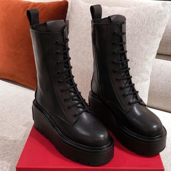

boots mid calf wedges women thick bottom platform lace up black real leather gothic boot 2021 winter chic