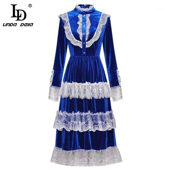 

ld linda della spring fashion designer velvet dress women's long sleeve ruffles lace patchwork vacation party a line dress1, Black;gray