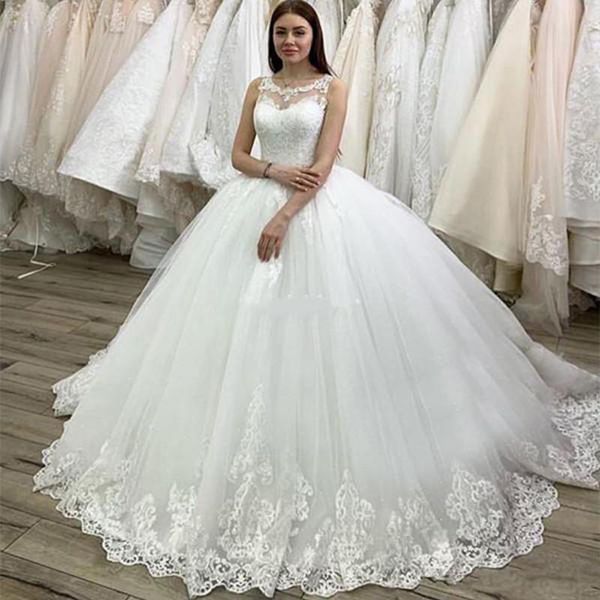 

jewel neck lace ball gown wedding dresses 2021 with appliques court train tulle plus size wedding bridal gowns, White