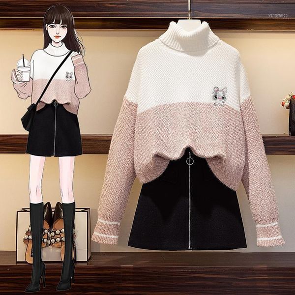 

2020 winter turtleneck knit color patchwork thick sweater pullover a-line mini black skirt two piece cute suit dress1, Gray