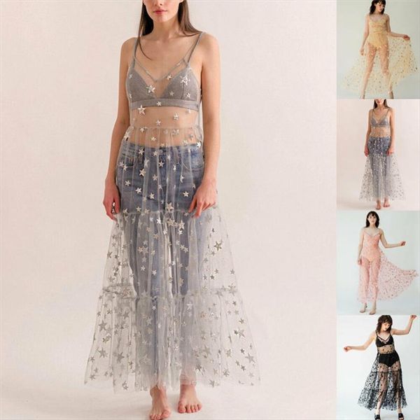 

shinny summer dress mesh star print spaghetti straps tulle women dress 2019 new long bling bling see through maxi xl, Black;gray