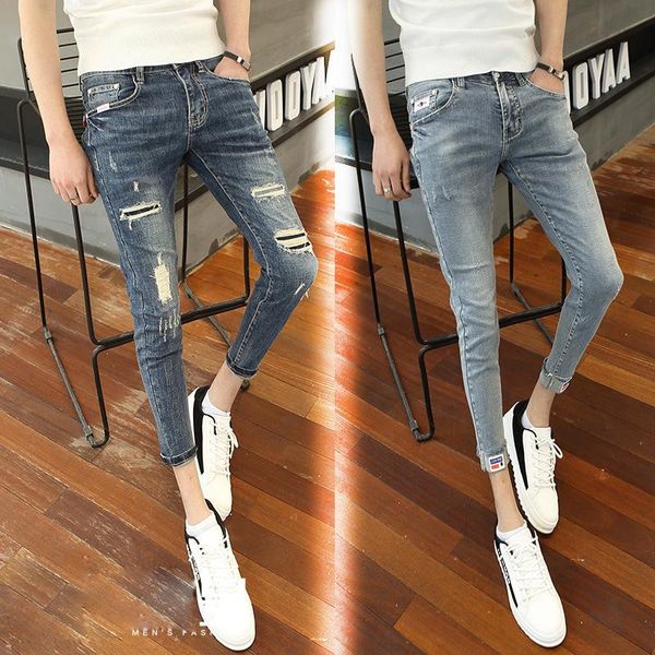 

men's jeans wholesale 2021 fashion denim rotten feet male guy trousers tight-fitting holes trendy slim pencil pants, Blue