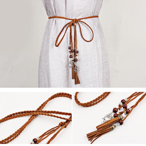 

new ladies belts fashion national style braided tassel tie strap waist chain women's waistband dress accessories, Black;brown