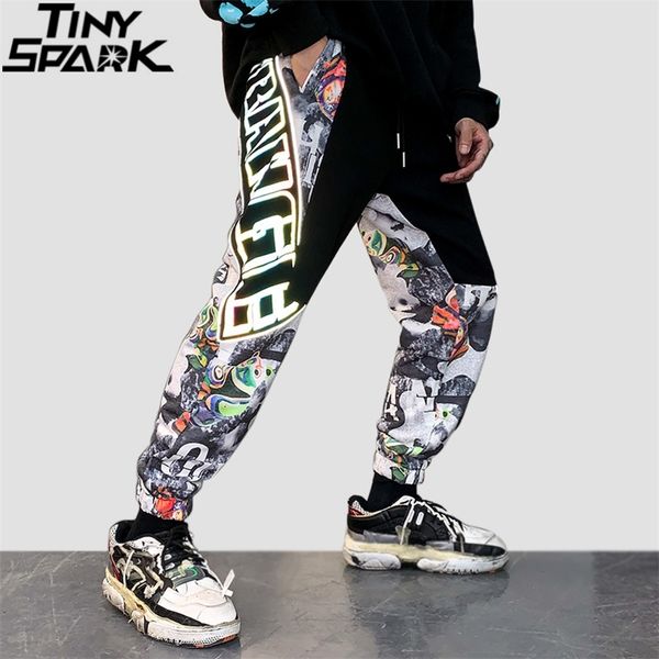 

hip hop pants mens harajuku sweatpants reflective streetwear baggy joggers patchwork cotton track pants harem trousers hipster 201218, Black
