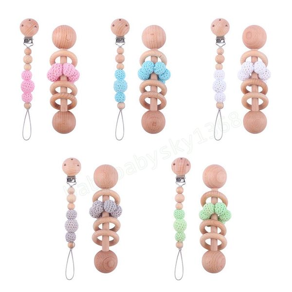 

baby nursing teether pacifier holders 2pcs/set nature wooden pacifier clip chain crochet bead teething toy for newbron gifts