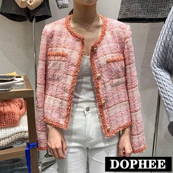 

2021 autumn and winter retro style tweed short pink coat elegant lady's round collar single breasted plain wool jacket coats1, Black;brown