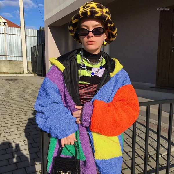 

children's fun stitching contrast loose plus size casual teddy hooded sweater women's jacket autumn/winter plush jacket coat1, Black