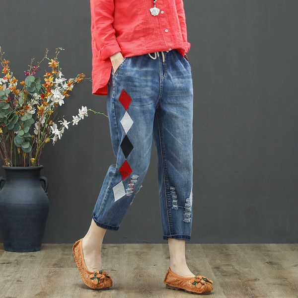 

1jeans fall 2019 new style broken hole elastic loose casual art embroidery capris women's high waist, Blue