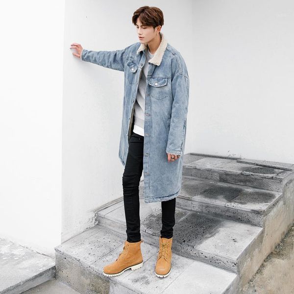 

men's blue denim long trench coat thick warm plush lining casual loose k341, Tan;black