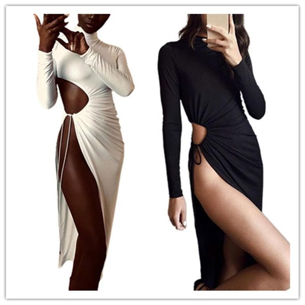 

fy women's wrapped dress high-neck midi long sleeves girl pleated tight lace-up split hem hollow clothes vestiti donna, Black;gray