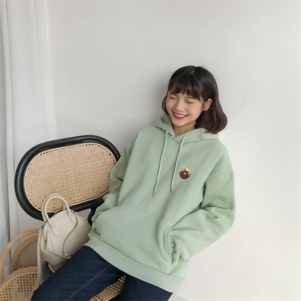 

7 colors autumn and winter japanese style candy color cartoon embroidery thicking hoodies womens sweatshirts (f3872) 201203, Black