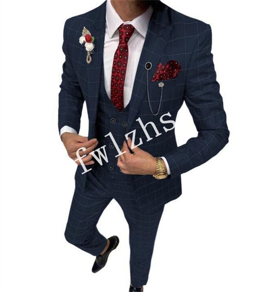 

handsome check fabric groomsmen peak lapel groom tuxedos mens wedding dress man jacket blazer prom dinner suits (jacket+pants+tie+vest) w610, Black;gray