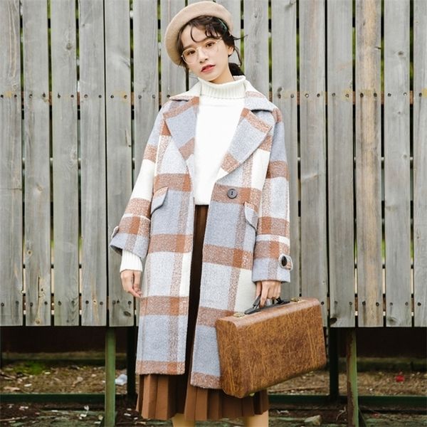 

ailegogo new autumn women cashmere trench jacket casual plaid turn-down collar long coat thickness warm button pocket jackets 201216, Black