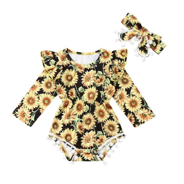 

rompers spring autumn born baby girl sunflower printed sleeve tassel clothes ruffle long romper jumpsuit outfit, Blue