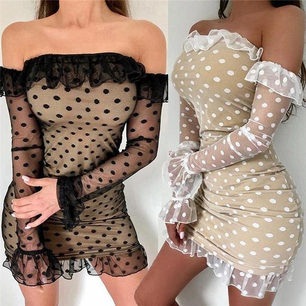 

women's bandage bodycon polk dot mini dress 2021 hollow mesh sleeve long sleeve evening party short mini dress, Black;gray