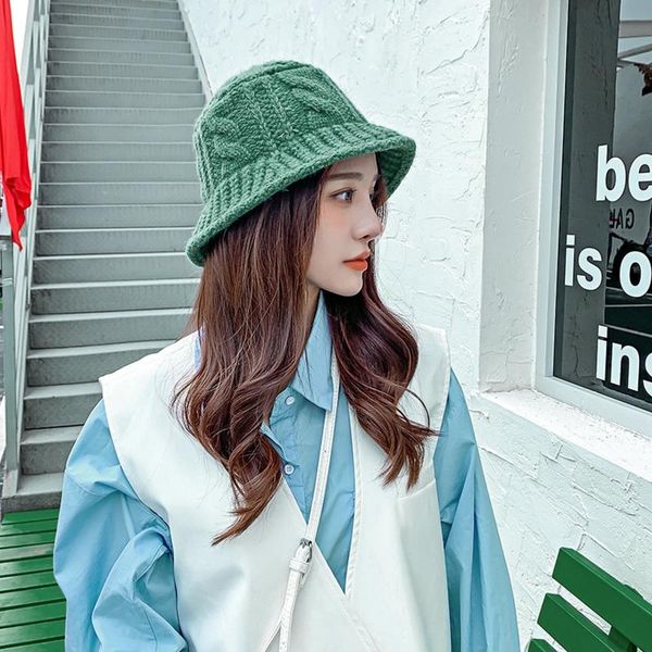 

wide brim hats women winter chunky cable knit bucket hat solid color twist stripe fisherman cap x7xe, Blue;gray