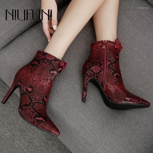 

boots snake pattern pointed toe women's niufuni 2021 zipper ankle fashion bow stiletto casual high heels ladies shoes1, Black