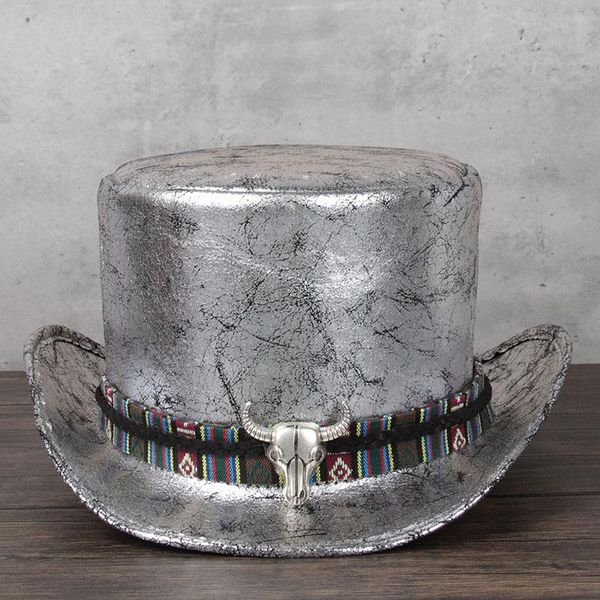 

wide brim hats 2021 3size women men leather hat falt fedora magic shower cosplay pork pie party cap 13cm, Blue;gray