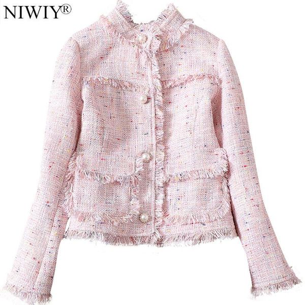 

niwiy brand ladies pink tweed bomber jacket chaquetas mujer primavera 2020 autumn tweed long sleeve women jacket n9099, Black;brown