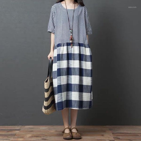 

summer short-sleeved new cotton and linen art large size stitching lattice round neck loose and comfortable dress1, White;black