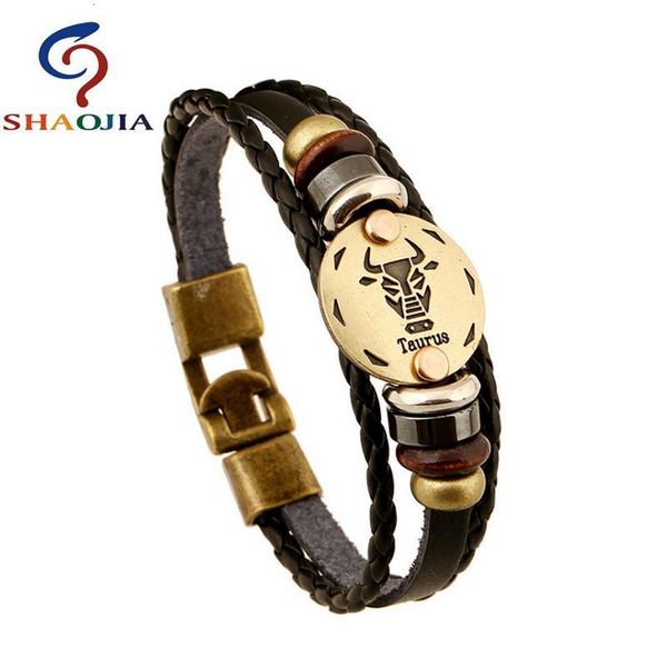 

leather 12 charm aries bracelet constellations men casual personality vintage punk bracelets & bangles, Golden;silver