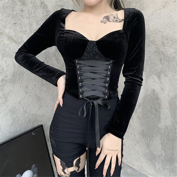 

women fashion casual spring autumn slim square neck abdomen lace up t shirt versatile bandage long sleeve pullover black, White