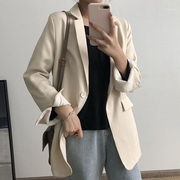 

ewq] autumn 2020 new simple ladies suit solid color long sleeve single button notched neck office lady women blazer coat qb2011, White;black