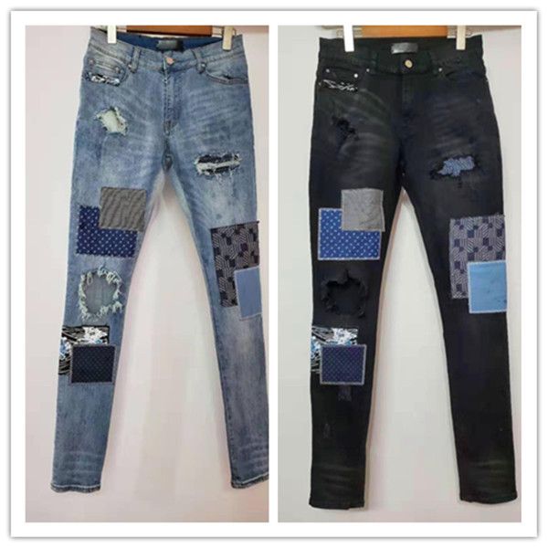 

designe am mens designer jeans fashion denim high street elastic patchwork ancient jeans spliced ripped biker pant us eu size, Blue