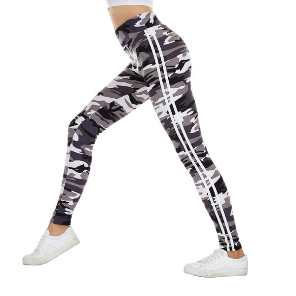 Leggings con stampa mimetica Glam City Due strisce bianche laterali Leggin skinny Vita elastica Leggings da allenamento elasticizzati Leggings casual 201202