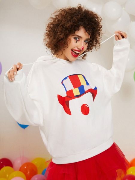 

clown print drop shoulder drawstring hoodie p6od#, White;black