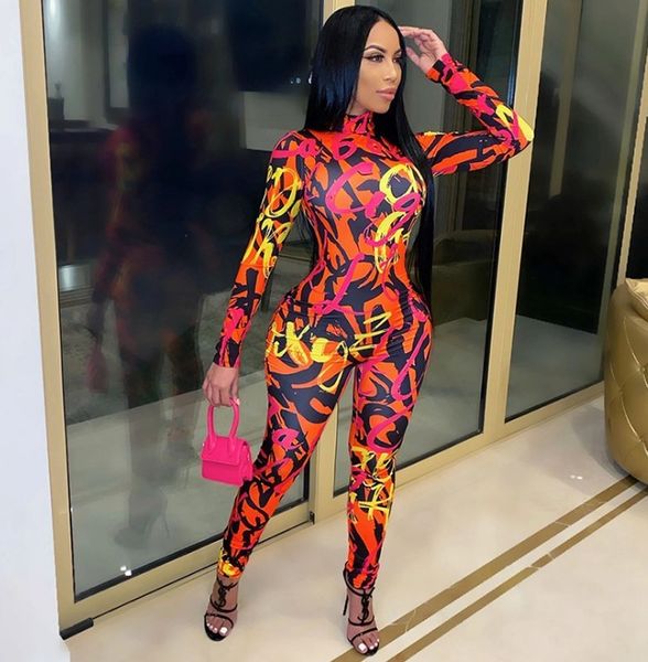 

da 2519b 2021 graffiti print stand-up collar jumpsuit, White;black