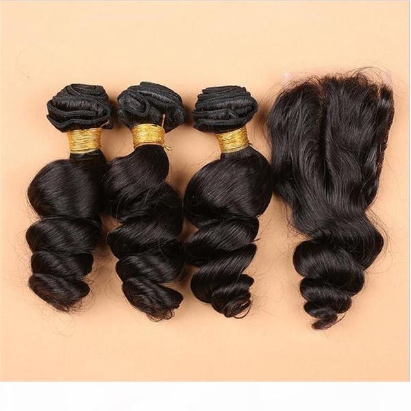 

malaysian loose wave hair with 4*4 lace closure 4pcs lot malaysian human hair wefts with closure loose wave wavy 3bundles with closure, Black