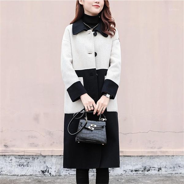 

women autumn winter stitching wool coat elegant plus size fashion single-breasted contrast long woolen overcoat female tide h8771, Black