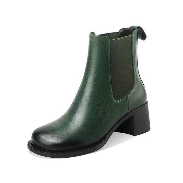 

genuine leather women's boots rouned toe thick high heels ladies ankle boots elastic band working night club shoes woman, Black