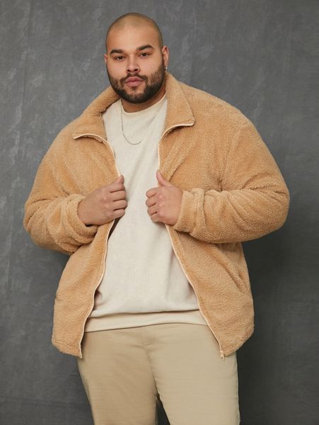 

extended sizes men zip front flannel jacket z1ug#, Black;brown