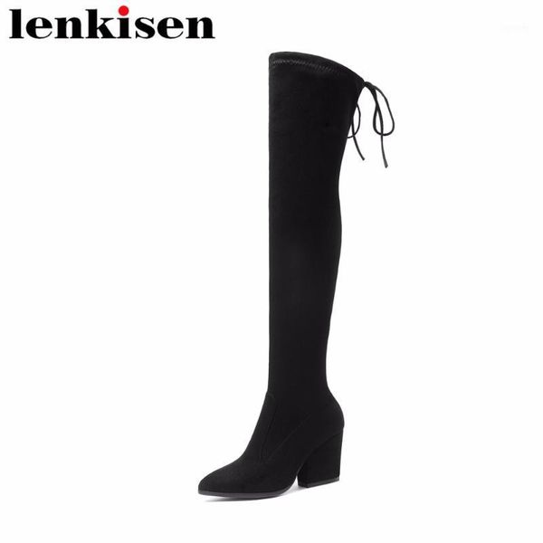 

lenkisen bowtie classic thigh high boots pointed toe high heels big size slip on flock streetwear runway women leisure shoes l511, Black