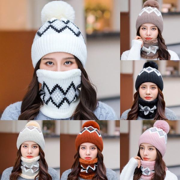 

winter knitted hat cap women windproof outdoor warm protection ear scarf hat knit splicing cap beanie hats for women men, Blue;gray