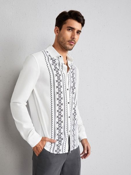 

men geo print curved hem shirt i6nv#, White;black